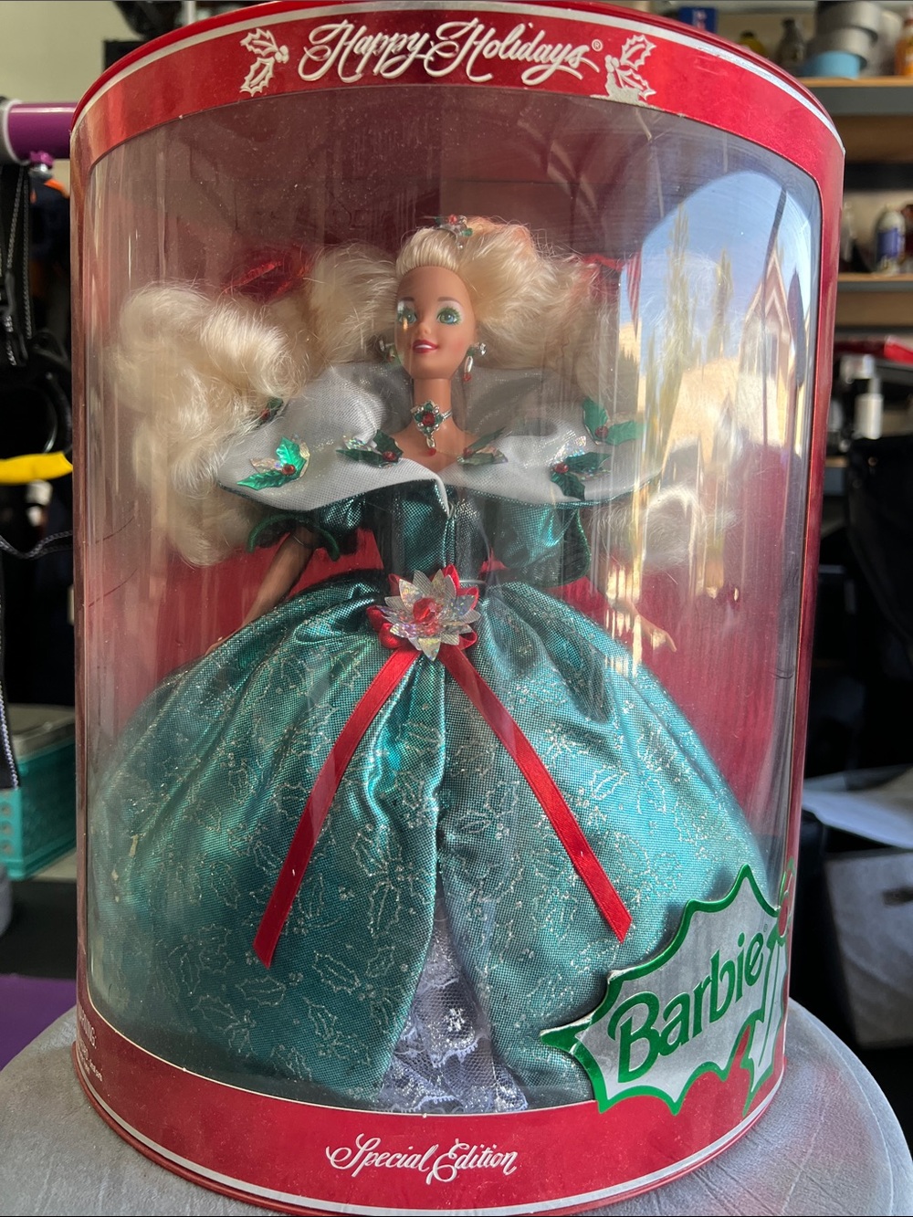 Barbie Teal Shimmery Holiday Gown with Red Accents
